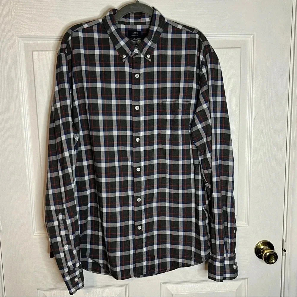 J Crew Men’s Heathered Cotton Plaid Button Down Shirt Size XL Gray Blue Red GUC